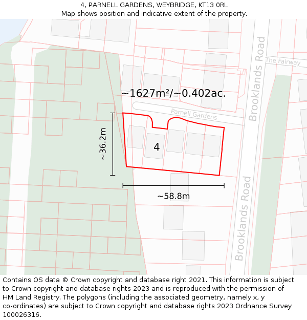 4, PARNELL GARDENS, WEYBRIDGE, KT13 0RL: Plot and title map