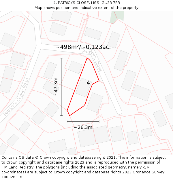 4, PATRICKS CLOSE, LISS, GU33 7ER: Plot and title map