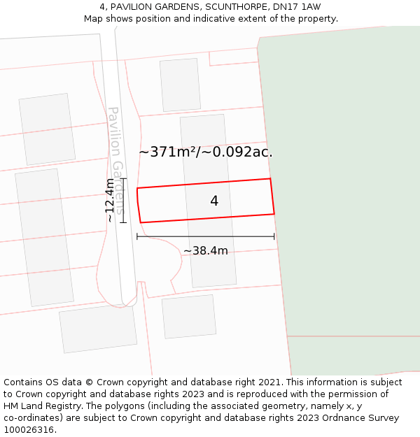 4, PAVILION GARDENS, SCUNTHORPE, DN17 1AW: Plot and title map
