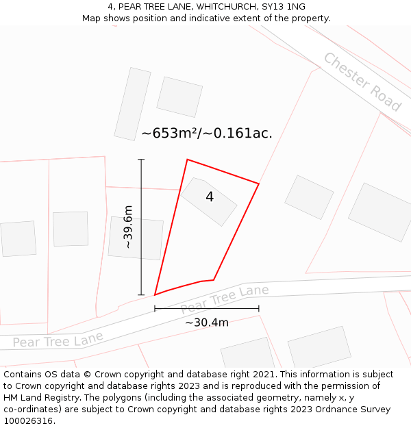 4, PEAR TREE LANE, WHITCHURCH, SY13 1NG: Plot and title map