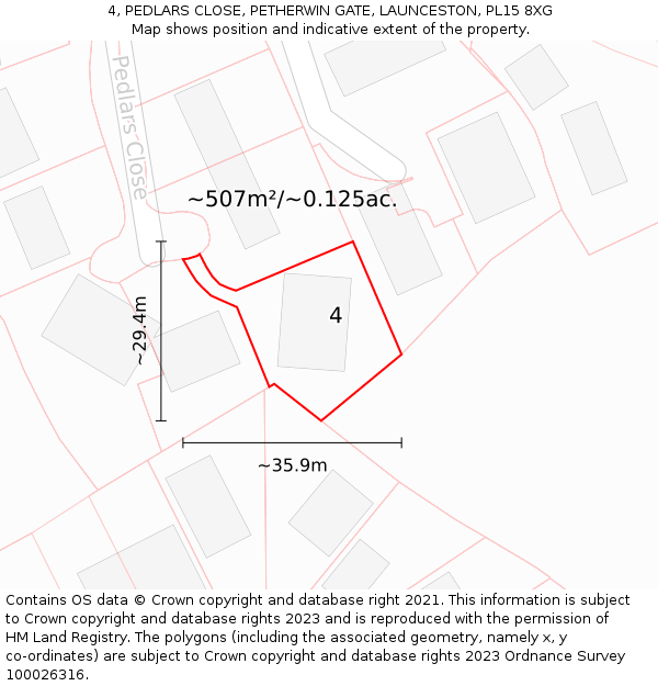 4, PEDLARS CLOSE, PETHERWIN GATE, LAUNCESTON, PL15 8XG: Plot and title map