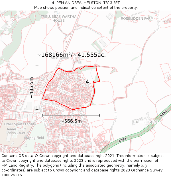 4, PEN AN DREA, HELSTON, TR13 8FT: Plot and title map