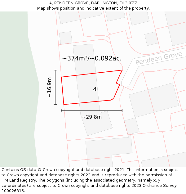 4, PENDEEN GROVE, DARLINGTON, DL3 0ZZ: Plot and title map