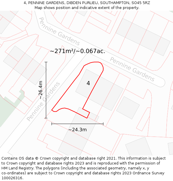 4, PENNINE GARDENS, DIBDEN PURLIEU, SOUTHAMPTON, SO45 5RZ: Plot and title map