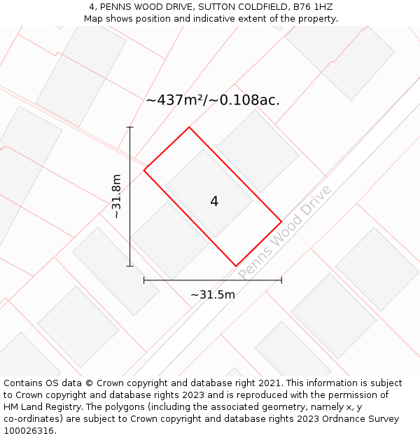 4, PENNS WOOD DRIVE, SUTTON COLDFIELD, B76 1HZ: Plot and title map