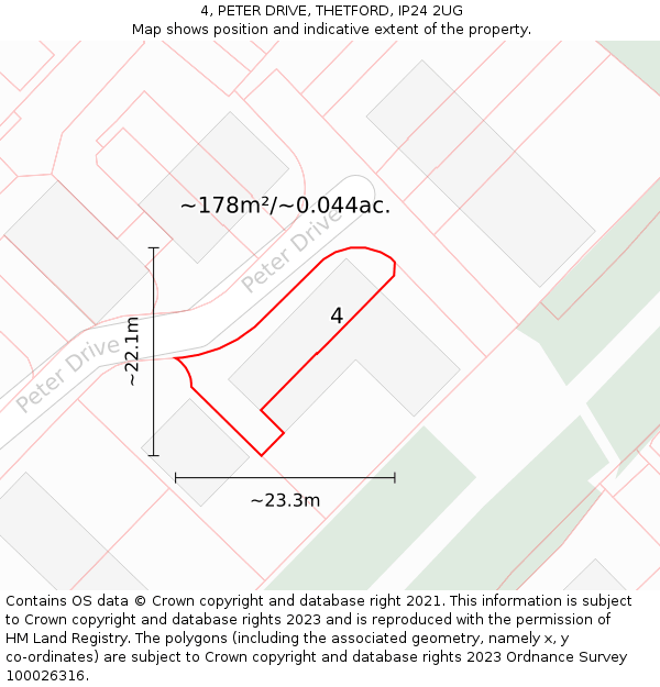 4, PETER DRIVE, THETFORD, IP24 2UG: Plot and title map