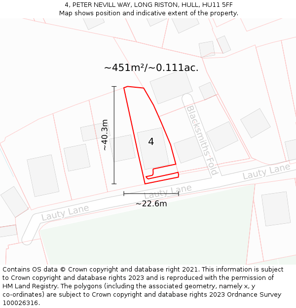 4, PETER NEVILL WAY, LONG RISTON, HULL, HU11 5FF: Plot and title map