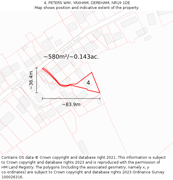 4, PETERS WAY, YAXHAM, DEREHAM, NR19 1DE: Plot and title map