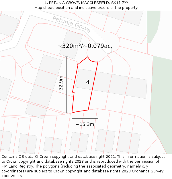 4, PETUNIA GROVE, MACCLESFIELD, SK11 7YY: Plot and title map