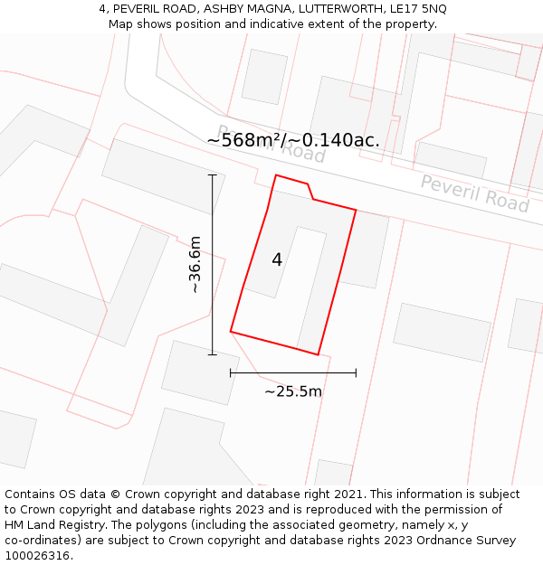 4, PEVERIL ROAD, ASHBY MAGNA, LUTTERWORTH, LE17 5NQ: Plot and title map