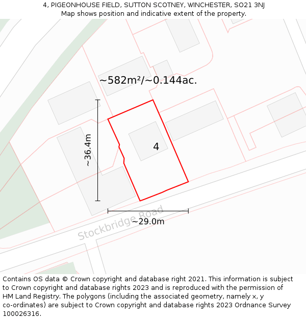 4, PIGEONHOUSE FIELD, SUTTON SCOTNEY, WINCHESTER, SO21 3NJ: Plot and title map