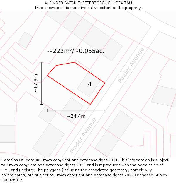 4, PINDER AVENUE, PETERBOROUGH, PE4 7AU: Plot and title map