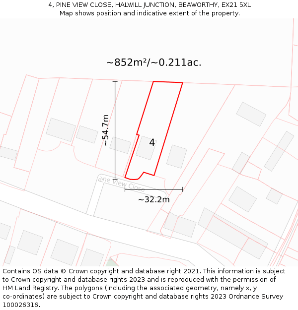 4, PINE VIEW CLOSE, HALWILL JUNCTION, BEAWORTHY, EX21 5XL: Plot and title map