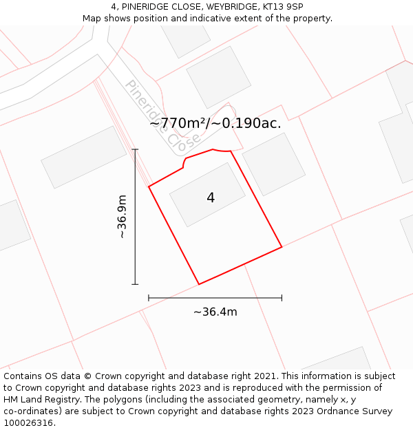 4, PINERIDGE CLOSE, WEYBRIDGE, KT13 9SP: Plot and title map