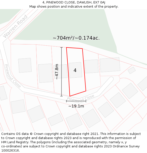 4, PINEWOOD CLOSE, DAWLISH, EX7 0AJ: Plot and title map