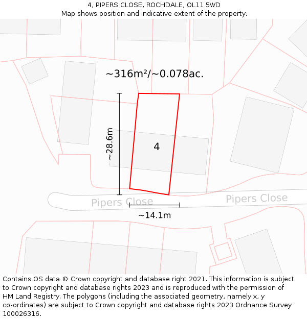 4, PIPERS CLOSE, ROCHDALE, OL11 5WD: Plot and title map