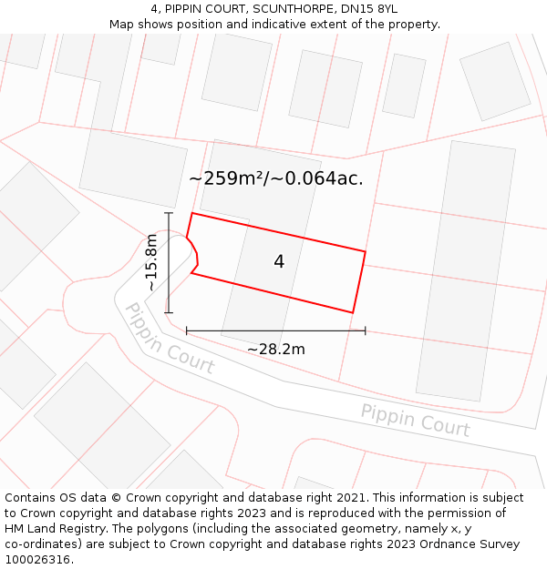 4, PIPPIN COURT, SCUNTHORPE, DN15 8YL: Plot and title map