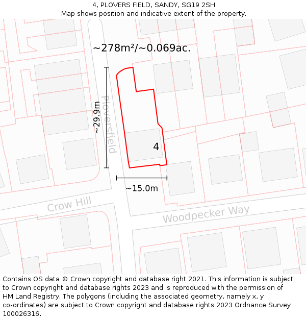 4, PLOVERS FIELD, SANDY, SG19 2SH: Plot and title map