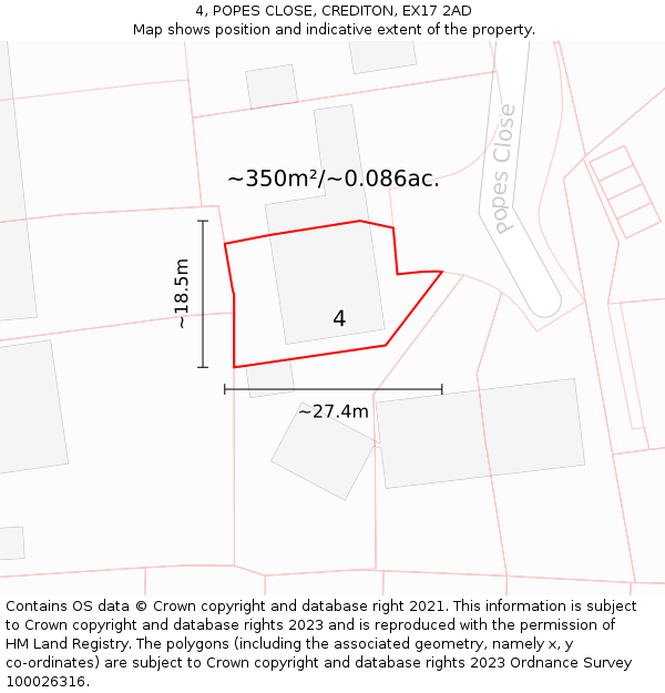 4, POPES CLOSE, CREDITON, EX17 2AD: Plot and title map