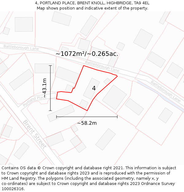 4, PORTLAND PLACE, BRENT KNOLL, HIGHBRIDGE, TA9 4EL: Plot and title map