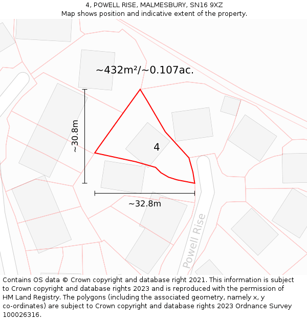 4, POWELL RISE, MALMESBURY, SN16 9XZ: Plot and title map