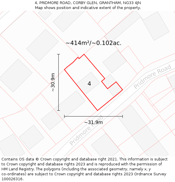 4, PRIDMORE ROAD, CORBY GLEN, GRANTHAM, NG33 4JN: Plot and title map