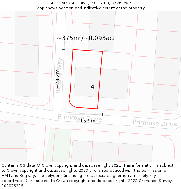 4, PRIMROSE DRIVE, BICESTER, OX26 3WP: Plot and title map