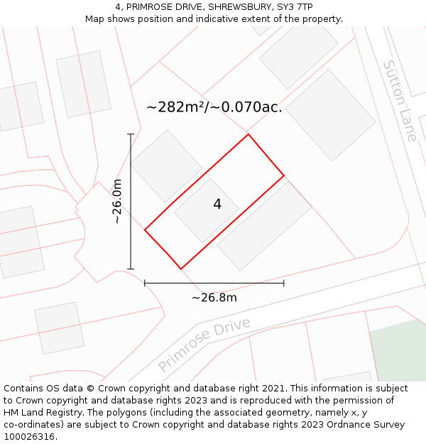 4, PRIMROSE DRIVE, SHREWSBURY, SY3 7TP: Plot and title map