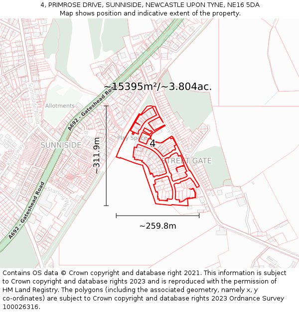 4, PRIMROSE DRIVE, SUNNISIDE, NEWCASTLE UPON TYNE, NE16 5DA: Plot and title map