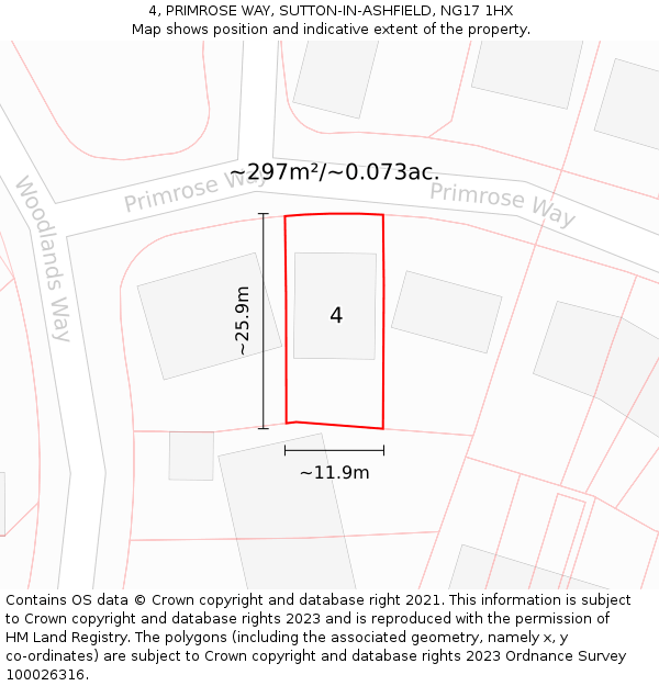 4, PRIMROSE WAY, SUTTON-IN-ASHFIELD, NG17 1HX: Plot and title map