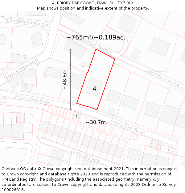 4, PRIORY PARK ROAD, DAWLISH, EX7 9LX: Plot and title map