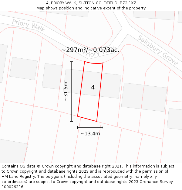 4, PRIORY WALK, SUTTON COLDFIELD, B72 1XZ: Plot and title map