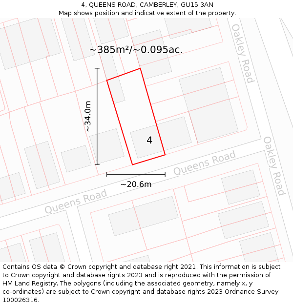 4, QUEENS ROAD, CAMBERLEY, GU15 3AN: Plot and title map