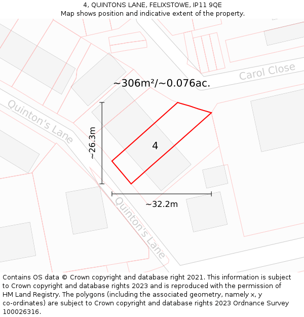 4, QUINTONS LANE, FELIXSTOWE, IP11 9QE: Plot and title map