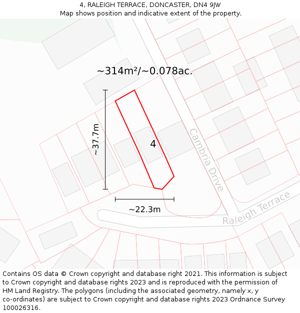 4, RALEIGH TERRACE, DONCASTER, DN4 9JW: Plot and title map