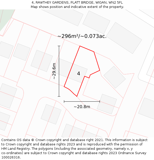 4, RAWTHEY GARDENS, PLATT BRIDGE, WIGAN, WN2 5FL: Plot and title map