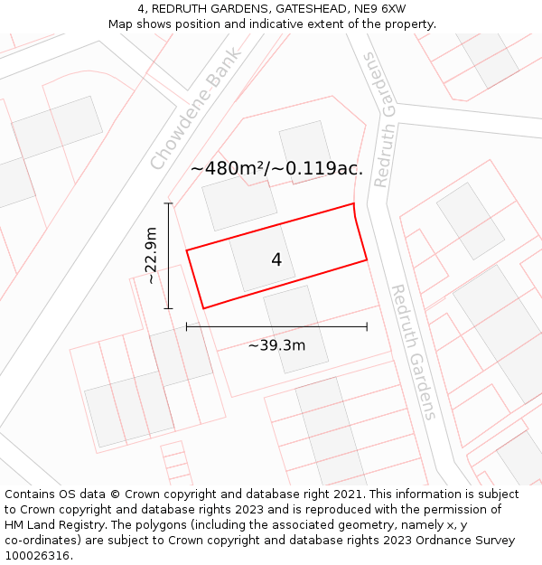 4, REDRUTH GARDENS, GATESHEAD, NE9 6XW: Plot and title map