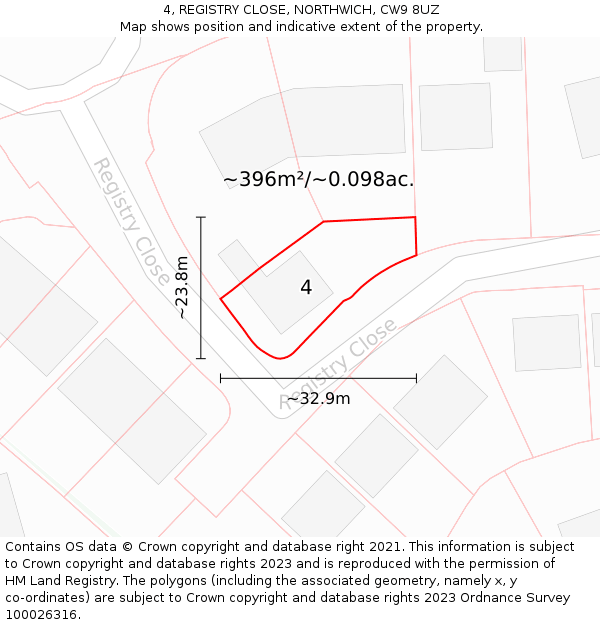 4, REGISTRY CLOSE, NORTHWICH, CW9 8UZ: Plot and title map