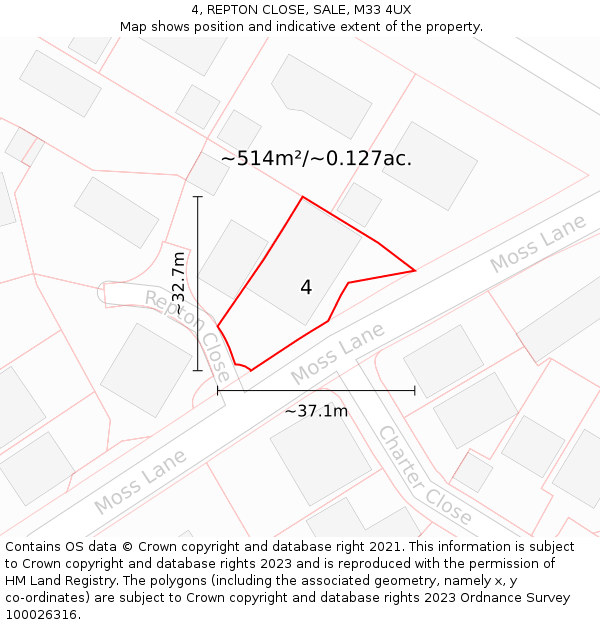 4, REPTON CLOSE, SALE, M33 4UX: Plot and title map