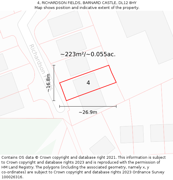 4, RICHARDSON FIELDS, BARNARD CASTLE, DL12 8HY: Plot and title map