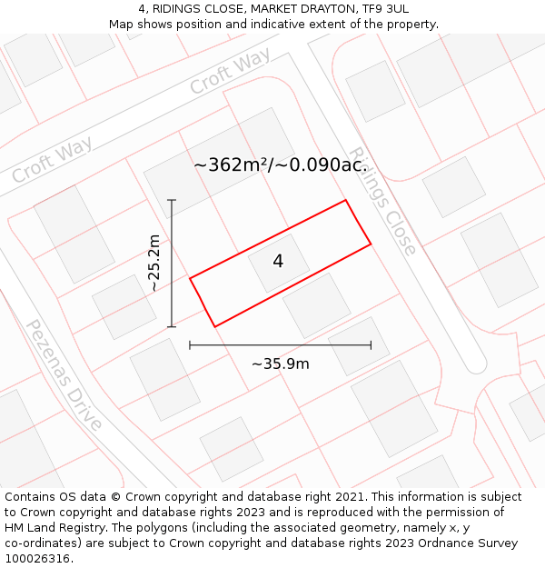 4, RIDINGS CLOSE, MARKET DRAYTON, TF9 3UL: Plot and title map
