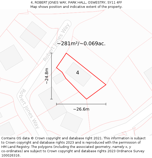 4, ROBERT JONES WAY, PARK HALL, OSWESTRY, SY11 4FF: Plot and title map