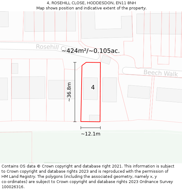 4, ROSEHILL CLOSE, HODDESDON, EN11 8NH: Plot and title map