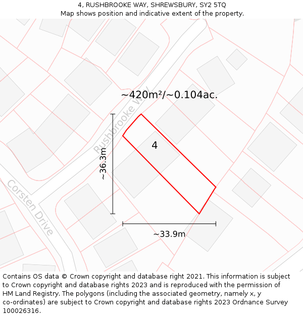 4, RUSHBROOKE WAY, SHREWSBURY, SY2 5TQ: Plot and title map