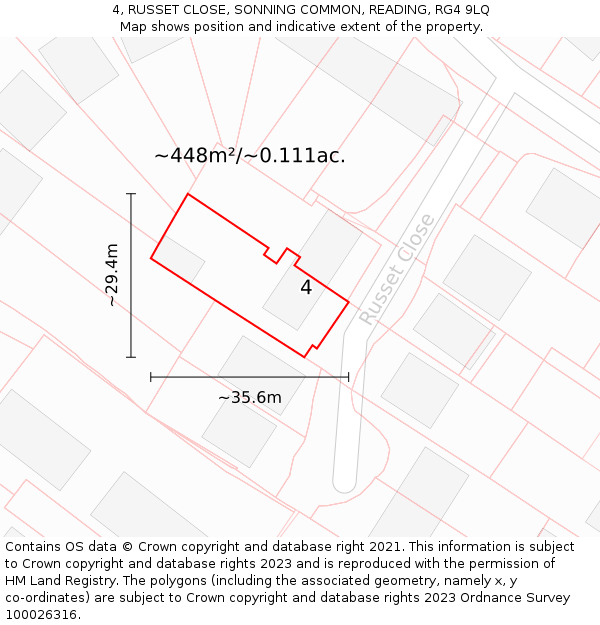 4, RUSSET CLOSE, SONNING COMMON, READING, RG4 9LQ: Plot and title map