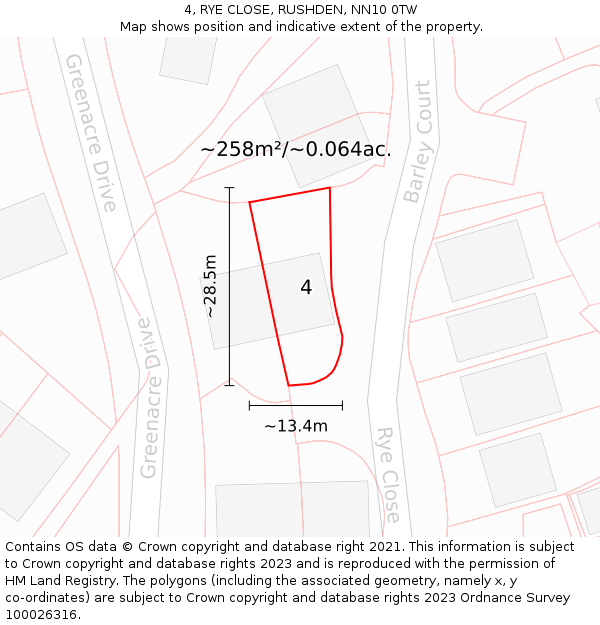 4, RYE CLOSE, RUSHDEN, NN10 0TW: Plot and title map