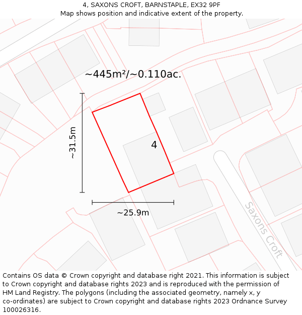 4, SAXONS CROFT, BARNSTAPLE, EX32 9PF: Plot and title map