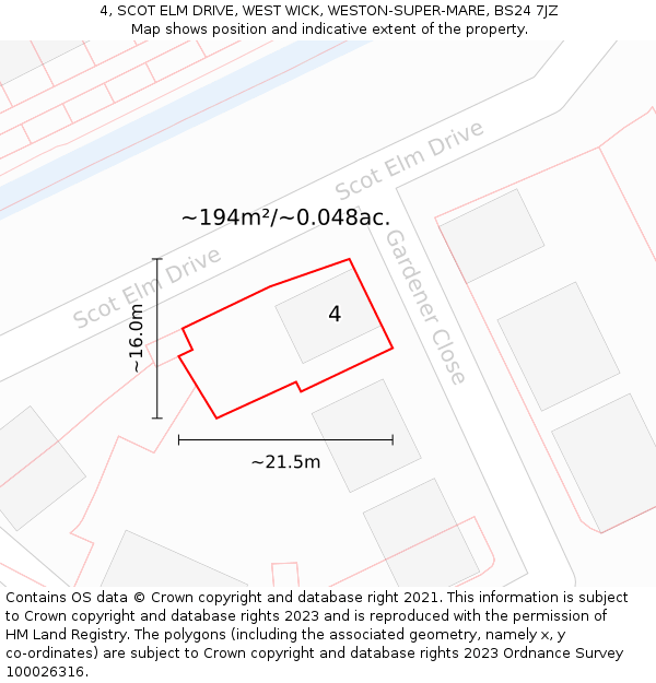 4, SCOT ELM DRIVE, WEST WICK, WESTON-SUPER-MARE, BS24 7JZ: Plot and title map