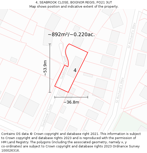 4, SEABROOK CLOSE, BOGNOR REGIS, PO21 3UT: Plot and title map