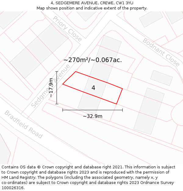 4, SEDGEMERE AVENUE, CREWE, CW1 3YU: Plot and title map